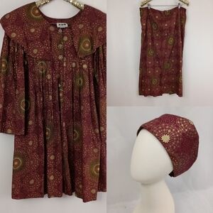 Vintage 80s FAD Women's Spiral Tribal Art to Wear Skirt Set with Hat African